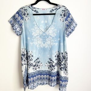 Johnny Was Sheer Blue Print Tunic, XS